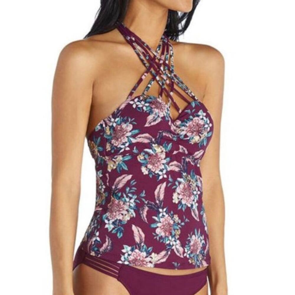 Ambrielle Size Large Burgundy Floral Strappy Bikini Top
